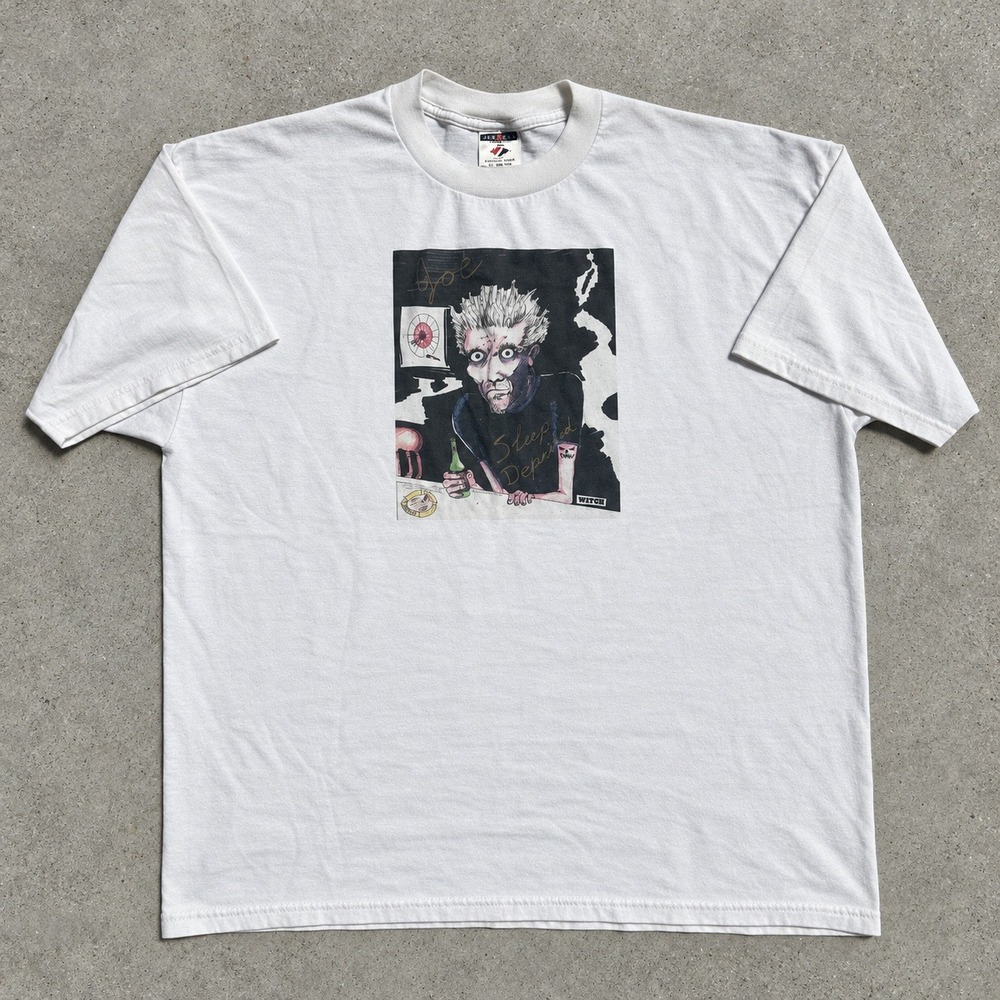 Vintage Jerzees Sleep Deprived Art Tee T Shirt XL White Grunge Y2K